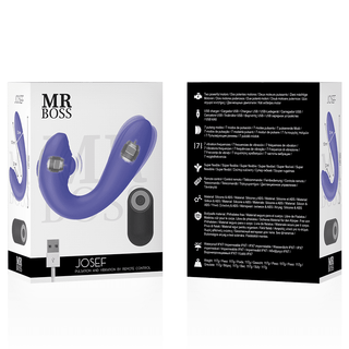 Mr Boss Josef Pulsating Parvibrators förpackning är elegant och lila, med dubbelmotorteknik, en fjärrkontroll och pulserande funktioner. Den innehåller flerspråkig text för enkel användning.