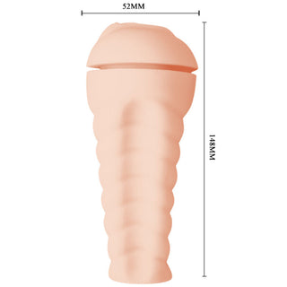 Ljusrosa ribbad manlig masturbator, tillverkad av naturtroget material, realistisk öppning, mått 52 mm x 148 mm.