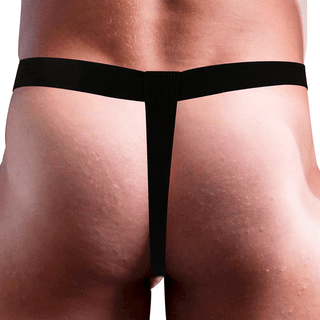 Från baksidan bär en person Intense Hollow Harness Strap-on, med en svart stringtrosa med en justerbar sele som framhäver deras siluett utan ansträngning.