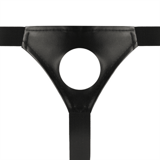 Intense Hollow Harness Strap-on är ett svart läderstycke med en slående ihålig design med en cirkulär främre utskärning och justerbara remmar, vilket gör den till den perfekta justerbart-selen för alla passformer.