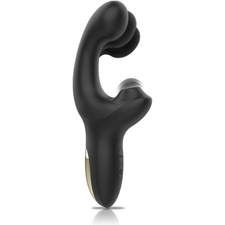 Sugvibrator i svart silikon med böjd design, kontaktpunkt för G-punkten och integrerade kontrollknappar i handtaget.