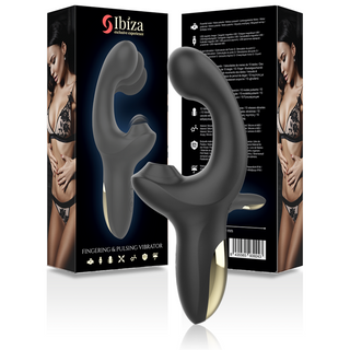 Svart och guld Ibiza Wave Suction Vibrator med slät yta och böjd design, visas framför sin förpackning.