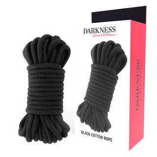 Darkness Japanese Bondagerep 5 m, perfekt för kinbaku- och svart bomullsfans, visas bredvid sin snygga röd-svarta förpackning.