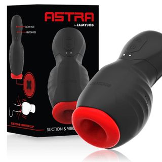 Jamyjob Astra Masturbator, i elegant svart och rött, är gjord av kroppsvänlig silikon och erbjuder kraftfulla vibrations- och sugfunktioner. Dess förpackning framhäver produkten och dess innovativa funktioner.