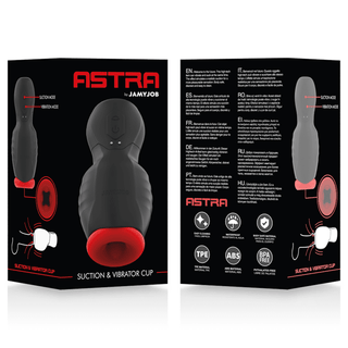Jamyjob Astra Masturbator-förpackningen framhäver dess eleganta svarta exteriör och livfulla röda interiör, med en bild som visar upp dess vibrations- och sugförmåga. Beskrivningar på olika språk betonar användningen av kroppssäker silikon.