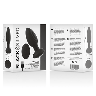 Black&Silver Wells Fjärrstyrd Buttplug-förpackning har kroppsvänligt silikonmaterial och USB-laddningsbarhet, visar produktbilden på framsidan och ger instruktioner och insikter om analstimulering på flera språk på baksidan.