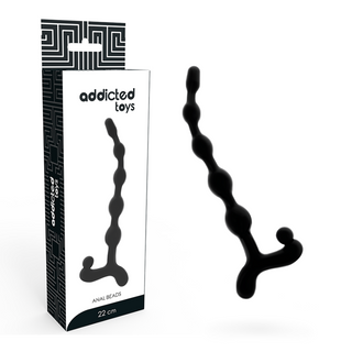 Addicted Toys Anal Balls 22 cm är anala pärlor i svart silikon med ett böjt handtag, tillverkade av kroppssäker TPR och utformade för bekväm och tillfredsställande lek. Förpackad i en Addicted Toys-låda.