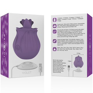 Intense Violet Klitoris Tungvibrator, formad som en lila blomma, kommer i förpackning som framhäver dess egenskaper, inklusive en laddningsdocka. Den är genialiskt designad för nöje och bekvämlighet med en elegant uppladdningsbar design.