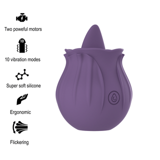 Upptäck Intense Violet Klitoris Tungvibrator: en mjuk silikon, rosformad vibrator i lila. Den har en ergonomisk design med två starka motorer, tio vibrationslägen och IPX7 vattentäthet för en unik flimrande upplevelse.