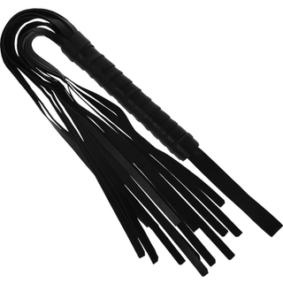 Intense Fetish Bondage Set innehåller en flogger i svart läder med ett omlindat handtag och flera platta svansar - ett måste för alla BDSM-startpaket tillsammans med handbojor eller en ögonbindel.