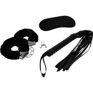 Intense Fetish Bondage Set - med ett svart ögonbindel, en pälsbeklädd handbojor med nycklar och en svart läderpiska - visas perfekt på en vit bakgrund för ditt ultimata BDSM-startkit.