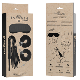 Framsida och baksida av Intense Fetish Bondage Set-förpackningen, som innehåller ett BDSM-startkit med ögonbindel, handbojor och lekfulla BDSM-illustrationer.