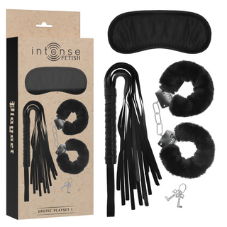 Intense Fetish Bondage Set innehåller ett ögonbindel, en pälsklädd handbojor med nycklar och en svart piska i konstläder - perfekt för äventyrliga lekar.