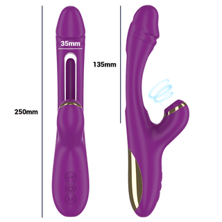 Intense Ateneo Rabbitvibrator, i lila och gjord av kroppssäker silikon, visar upp sina vibrerande och masserande egenskaper på en vit bakgrund.