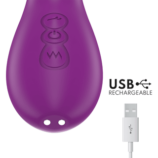 Intense Ateneo Rabbitvibrator är en lila USB-laddningsbar enhet gjord av kroppssäker silikon, utrustad med kontrollknappar och inkluderar en USB-kabel.