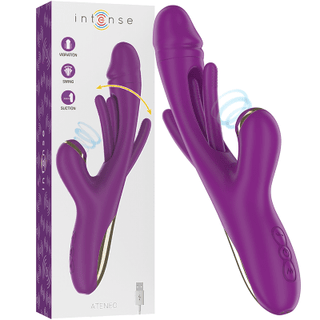 Upptäck Intense Ateneo Rabbitvibrator i lila, tillverkad med kroppssäker silikon för säkerhet och komfort. Denna innovativa design har vibrationer, rotationsfunktioner och förbättrad klitorisstimulering, allt elegant förpackat för ditt nöje.