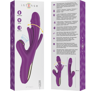 Upplev ultimat njutning med Intense Ateneo Rabbitvibrator i lila. Tillverkad av kroppssäker silikon, erbjuder olika lägen för personlig njutning och är förpackad med en USB-laddningskabel i en vit låda. Perfekt för förbättrade klitorisstimulerande nöjen.