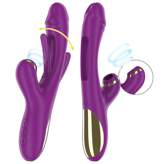 Intense Ateneo Rabbitvibrator, visad från två vinklar, är en lila dubbelstimulerande vibrator med ett roterande skaft och sugförmåga, tillverkad av kroppssäker silikon.