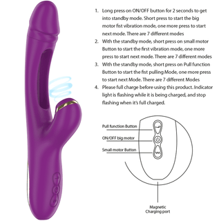 Intense Ateneo Rabbitvibrator är en lila vibrerande enhet gjord av kroppssäker silikon, med en böjd design, knappar, magnetisk laddningsport och bruksanvisningar i text. Perfekt för klitorisstimulering.