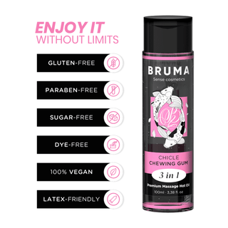 Värmande Massageolja Från Bruma ger en lugnande värmeeffekt. Denna glutenfria, parabenfria, sockerfria, färgämnesfria produkt är 100 % vegan och latexvänlig. Flaskans färger är rosa och svarta. Texten lyder: "Njut av det utan gränser.
