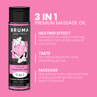 En produktbild med rosa tema för Värmande Massageolja Från Bruma framhäver dess värmelindrande effekt, härliga tuggumminsmak och massagefördelar. Flaskan på 100 ml visas konstfullt med text som betonar dess unika sensoriska upplevelser.