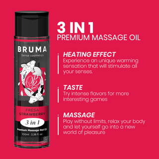 En röd rektangulär annons för Brumas 3-i-1 Värmande Massageolja i Fresa Strawberry framhäver BRUMA Premium Heat Effect. Njut av dess värmelindrande effekt med en värmande touch, lockande arom och lugnande massagefördelar. Flaskbilden accentuerar värme och njutning.
