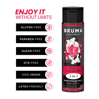 En flaska Värmande Massageolja Från Bruma visas: glutenfri, parabenfri, sockerfri, färgfri, 100 % vegansk, och latexvänlig med värmelindrande effekt. Text läser "Tyck om det utan gränser." Upplev premium touch med denna BRUMA massageolja.