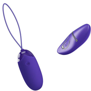 Pretty Love Berger Vibratorägg, som visas i två delar, har en trådlös fjärrkontroll och en böjd design med en ansluten sladd, idealisk för att förbättra bäckenbottenmusklerna-stimuleringen.