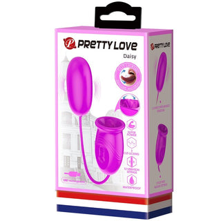 En låda med Daisy Dual Egg Vibrator, en rosa dubbeläggsvibrator med fjärrkontroll, innehåller produkthöjdpunkter och bilder.