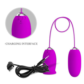 Daisy Dual Egg-vibratorn i lila visas med laddningsgränssnitt och USB-laddningskabel.