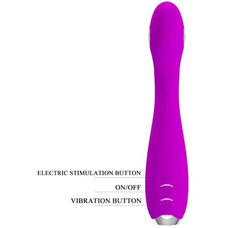 Lila silikonvibrator med märkta knappar för e-stim, på/av och vibrationsfunktioner.