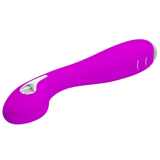 Böjd vibrator i rosa silikon med silverfärgad accent nära handtaget, vattentät design.