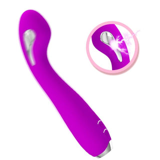 Lila silikonvibrator med silverfärgade detaljer, med en detaljerad närbild av den texturerade vibrationsdelen.