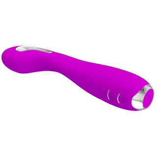 Lila silikonvibrator med böjd design, silverfärgade detaljer och tre kontrollknappar på sidan.