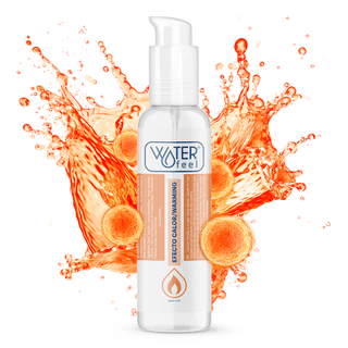 Genomskinlig flaska Heat Effect Lubricant 150 ml mot en orange stänkbakgrund, kompatibel med kondomer.
