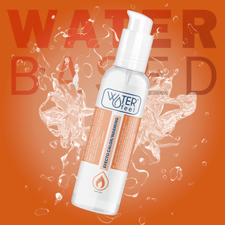 En 150 ml flaska Heat Effect Lubricant visas med stänkvatten på en orange bakgrund, märkt som VATTENBASERAD och kompatibel med kondomer.