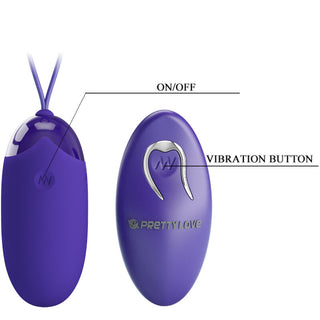Pretty Love Berger Vibratorägg är ett lila vibrerande ägg med märkta på/av- och vibrationsknappar, med det ikoniska Pretty Love-märket, utrustat med en trådlös fjärrkontroll för extra bekvämlighet.