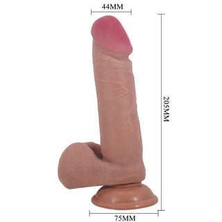 Realistisk dildo med glidande hud, sugbas, köttfärgad färg, 205 mm längd, 44 mm spetsbredd, silikonmaterial.