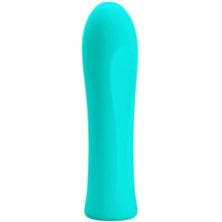Ett slätt, turkost, cylindriskt föremål med en rundad topp sitter mot en vit bakgrund. Känd som Pretty Love Alfreda, den har 12 vibrationshastigheter och en flexibel, strukturerad kropp för ökad njutning.