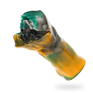 Arges Cyklop Masturbator har en färgglad, abstrakt fantasidesign som liknar en varelse med öppen mun i gröna, svarta och orange nyanser.
