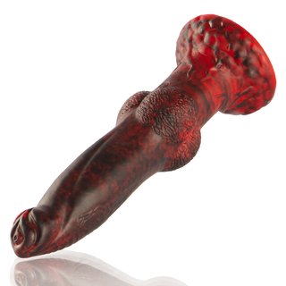 Röd och svart silikondildo med texturerat skaft och utsvängd bas.