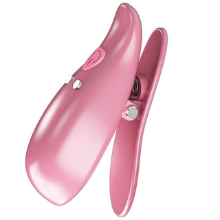 Pretty Love Leaf Nipple Clamps-en rosa, böjd, clamshell-formad elektronisk enhet med knappar, visas delvis öppen mot en vit bakgrund; perfekt för att para ihop med vibrerande bröstvårtsklämmor för ökad njutning.