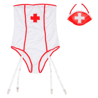 Vit och röd bodysuit med sjuksköterske-tema med strumpeband, matchande mask och röd korssymbol; har stretchigt tyg.