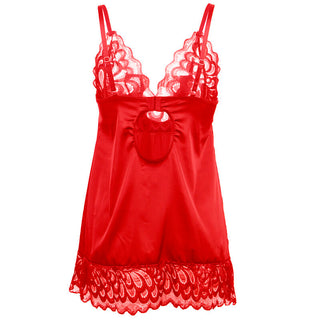 Satin Babydoll Röd Med Spets - en sensuell babydoll i rött satin med eleganta spaghettiband samt dekorativa spetsar vid byst och fåll, perfekt för speciella tillfällen.