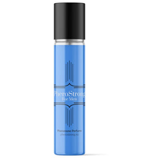 En elegant blå cylindrisk flaska märkt Pherostrong Feromonparfym 15 ml för män, toppad med ett svart lock, tipsar om sofistikerad doftnoter inuti.