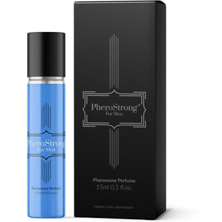 Den eleganta blå parfymflaskan PheroStrong For Men, tillsammans med sin svarta låda, förkroppsligar essensen av lockelse och fängslande toner som finns i Pherostrong Feromonparfym 15 ml.