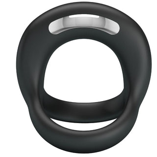 Pretty Love Elliott Vibratorring i svart silikon med två cirkulära öppningar, liten vit detalj upptill, fotograferad mot vit bakgrund.