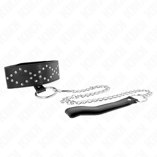 Svart läderhalsband med nitar, justerbart koppel och svart handtag, designat för BDSM-bruk.
