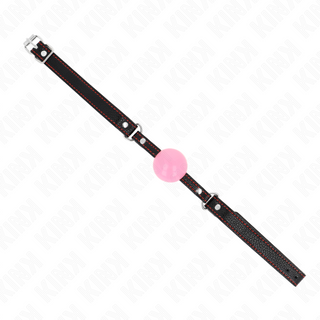 Svart justerbar rem med 4 cm rosa ball gag, hårdvara i roséguld, visas på en vit bakgrund.
