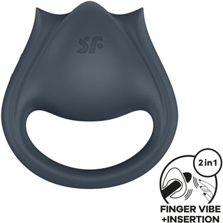 Satisfyer Perfect Pair 2 är en mörk silikon, ringformad leksak med en böjd topp, utformad som en 2-i-1 fingerstimulator och införingsenhet.